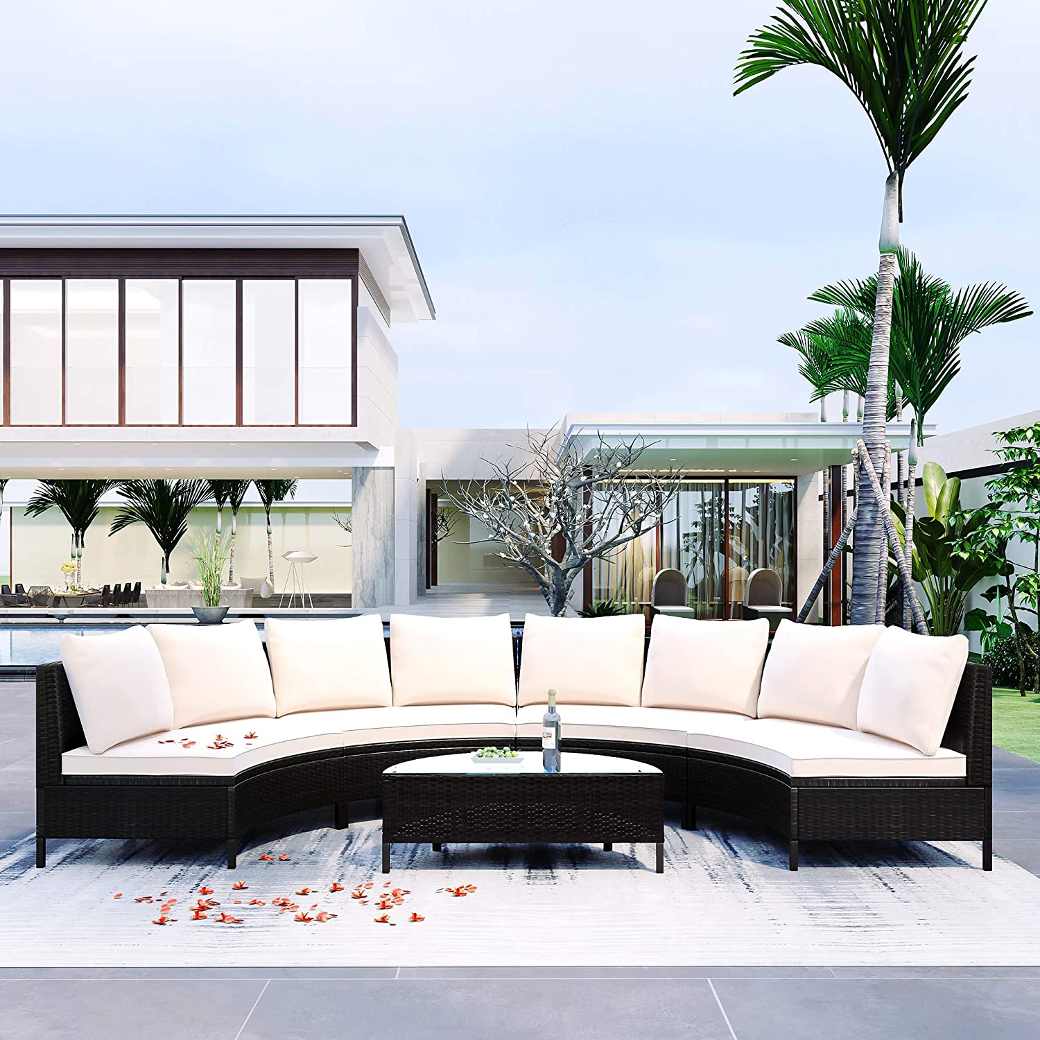 GODAFA 8 Seating Outdoor Patio Furniture Sectional Sofa Set, All-Weather Half-Moon with Tempered Glass Table for Backyard Porch Poolside (Brown Wicker, Gray Cushion), Beige