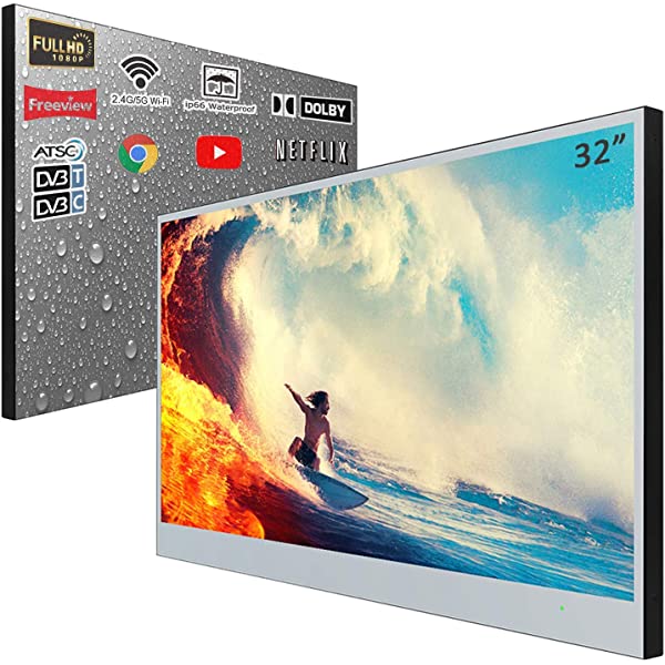 Soulaca 32 inches Smart Mirror Color LED TV for Bathroom IP66 Waterproof WiFi Shower Television Android Bluetooth 32 inches Mirror